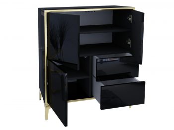 Offene Hochkommode Monako 80cm Schwarz Hochglanz mit Türen und Schubladen.