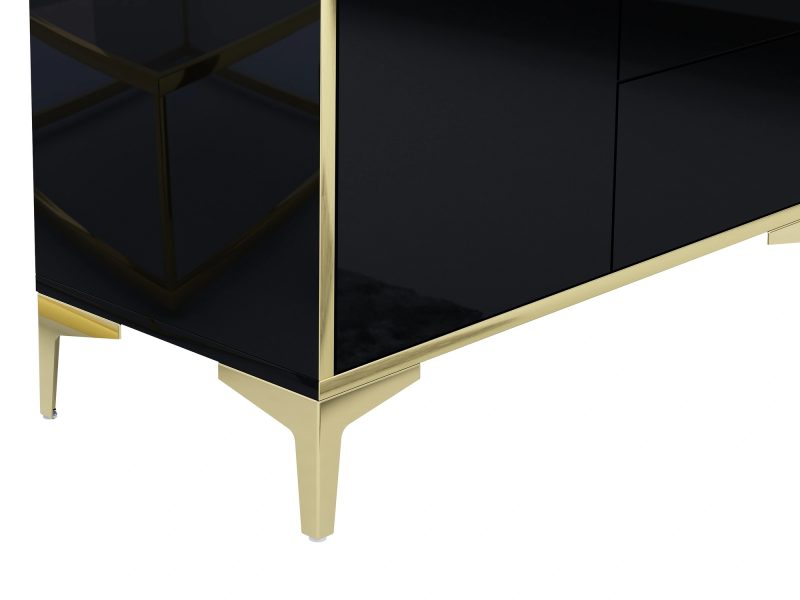 Detailansicht der goldenen Beine der Hochkommode Monako Schwarz Hochglanz.