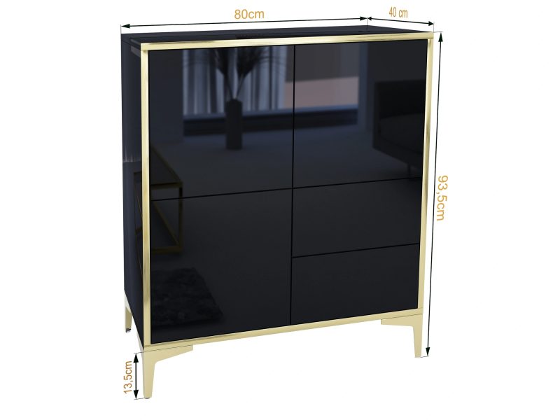 Hochkommode Monako 80cm Schwarz Hochglanz mit goldenen Akzenten, Maße eingeblendet.