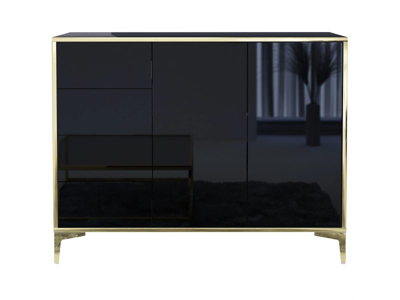 Frontansicht der Kommode Monako Schwarz Hochglanz mit goldenen Akzenten.