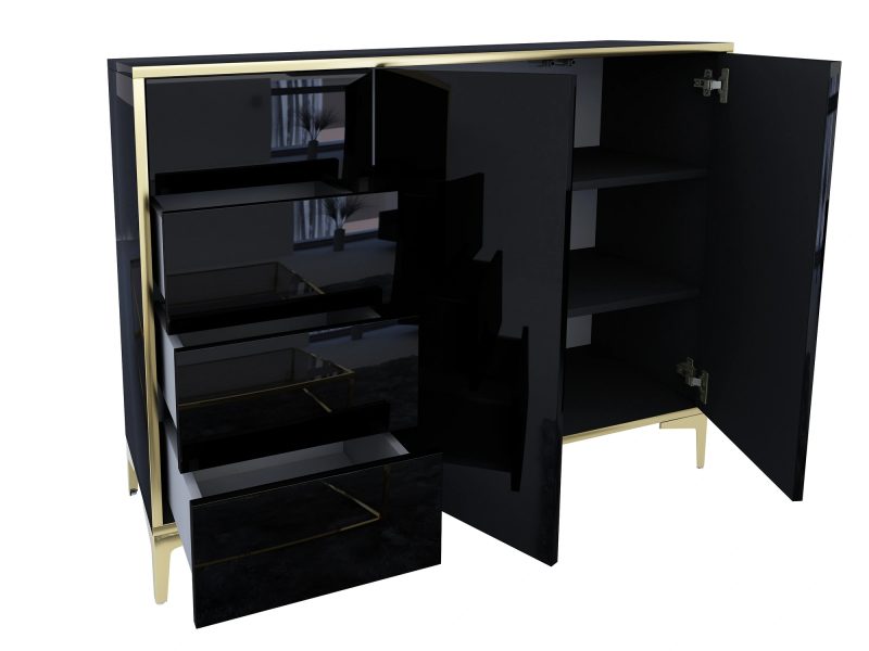 Offene Kommode Monako Schwarz Hochglanz mit Schubladen und Türen.