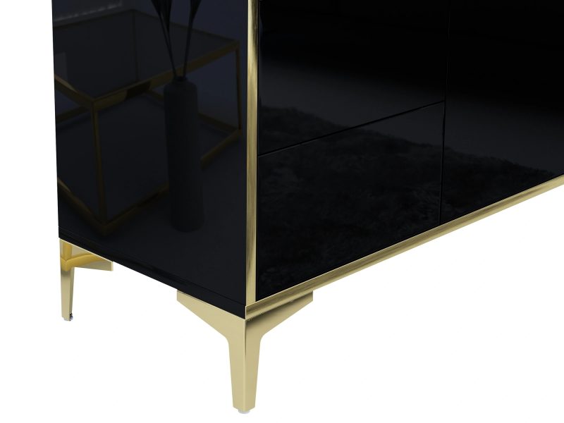 Detailansicht der goldenen Beine der Kommode Monako Schwarz Hochglanz.