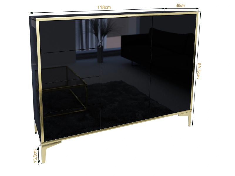 Kommode Monako 118cm Schwarz Hochglanz mit goldenen Akzenten, Maße eingeblendet.