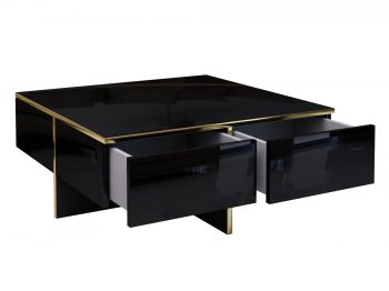 Couchtisch Monako mit geöffneten Push-to-Open Schubladen – Schwarz Hochglanz mit Gold