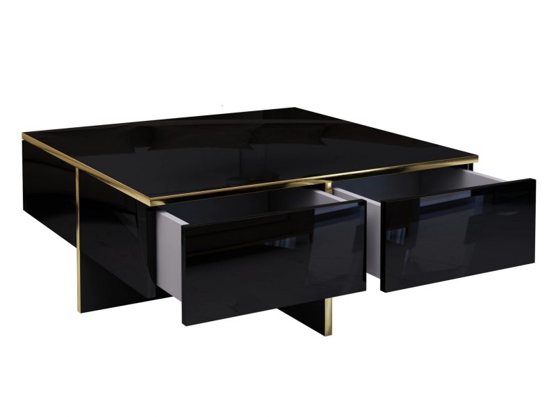 Couchtisch Monako mit geöffneten Push-to-Open Schubladen – Schwarz Hochglanz mit Gold