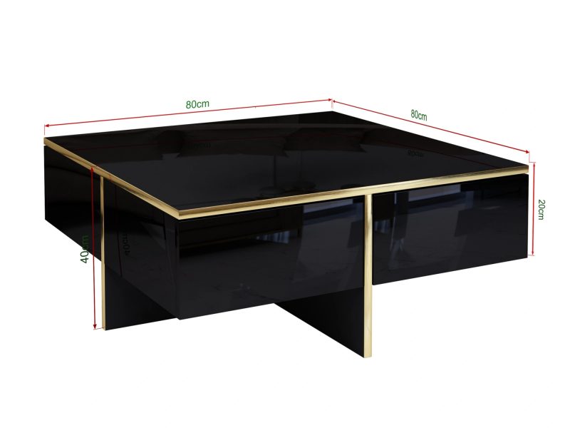 Maßangaben Couchtisch Monako 80x80 cm, Höhe 40 cm – Schwarz Hochglanz