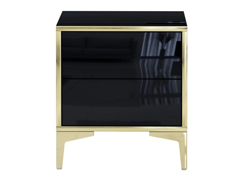 Nachttisch Monako Schwarz Hochglanz mit goldenen Akzenten – Vorderansicht
