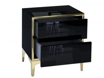 Nachttisch Monako mit geöffneten Push-to-Open Schubladen – Schwarz Hochglanz mit Gold