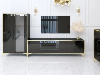 Wohnwand mit Vitrine und TV-Lowboard aus der Monako-Kollektion in Schwarz Hochglanz mit goldenen Details