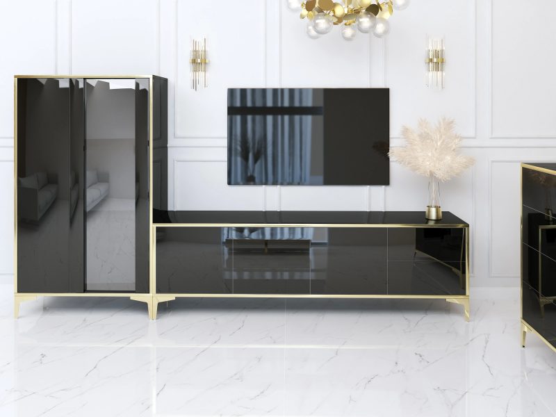 Wohnwand mit Vitrine und TV-Lowboard aus der Monako-Kollektion in Schwarz Hochglanz mit goldenen Details