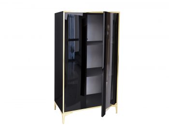 Vitrine Monako 80cm Schwarz Hochglanz mit goldenen Akzenten geöffnet mit Einlegeböden