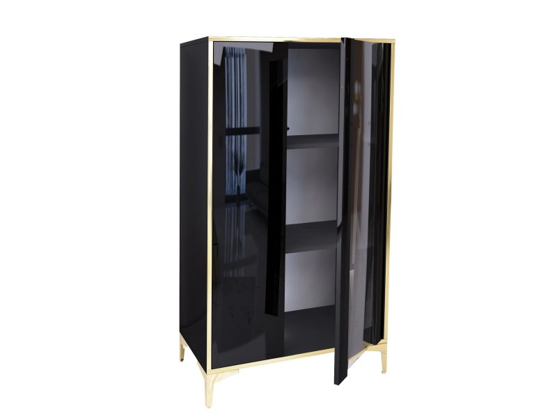Vitrine Monako 80cm Schwarz Hochglanz mit goldenen Akzenten geöffnet mit Einlegeböden