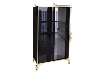 Vitrine Monako 80cm Schwarz Hochglanz mit goldenen Akzenten mit Maßangaben 80×143,5×40 cm