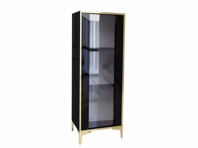 Schmale Vitrine Monako 50cm Schwarz Hochglanz mit goldenen Akzenten frontal