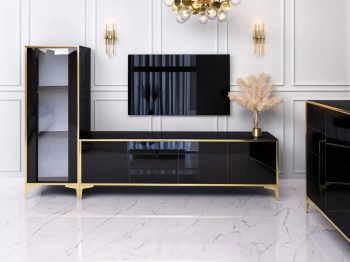 Wohnwand mit TV-Lowboard und Vitrine Monako 50cm in Schwarz Hochglanz mit goldenen Details