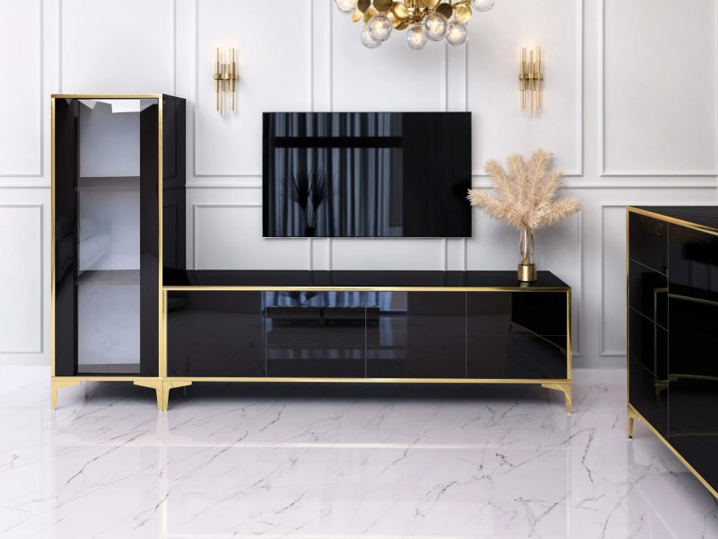 Wohnwand mit TV-Lowboard und Vitrine Monako 50cm in Schwarz Hochglanz mit goldenen Details