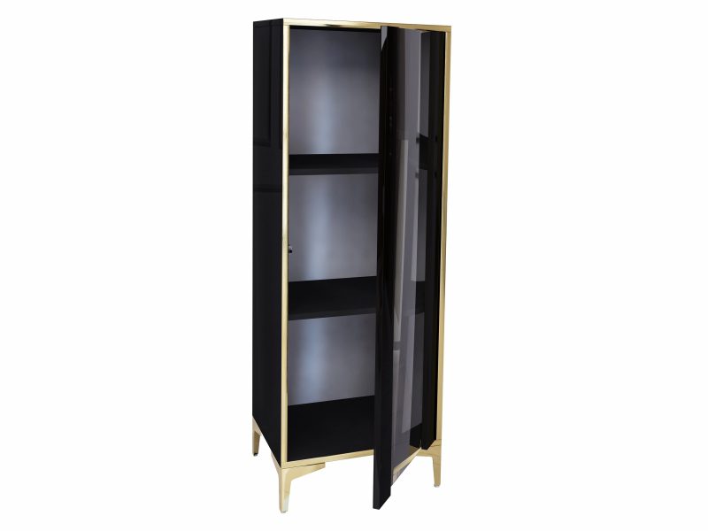 Vitrine Monako 50cm Schwarz Hochglanz mit goldenen Akzenten geöffnet mit Einlegeböden