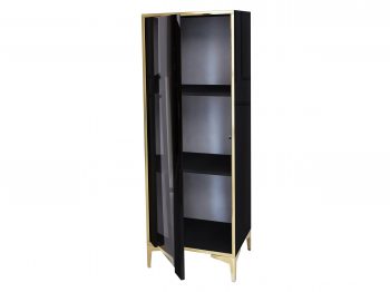 Detailansicht geöffnete Vitrine Monako 50cm Schwarz Hochglanz mit goldenen Akzenten