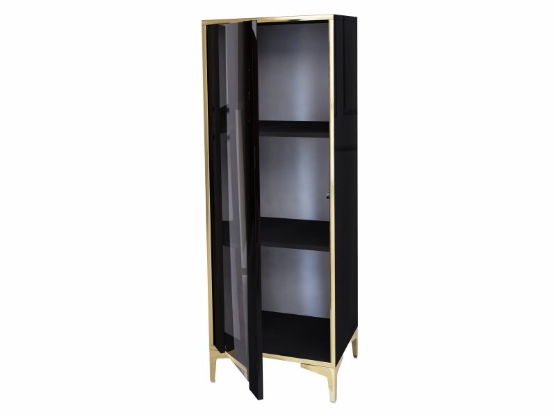 Detailansicht geöffnete Vitrine Monako 50cm Schwarz Hochglanz mit goldenen Akzenten