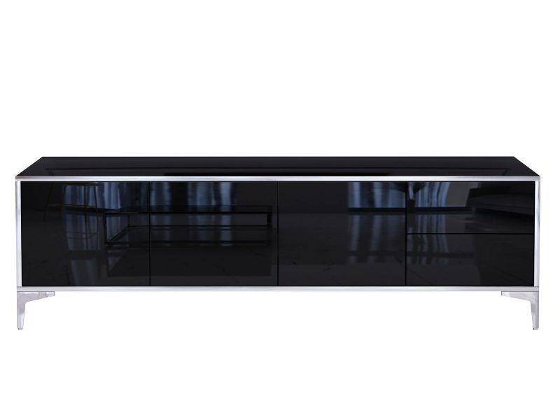 Frontansicht des TV-Lowboards Monako 180cm Schwarz Hochglanz mit geschlossenen Türen