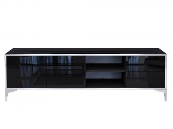 TV-Lowboard Monako 180cm Schwarz Hochglanz mit geöffnetem Fach und sichtbaren Ablagen