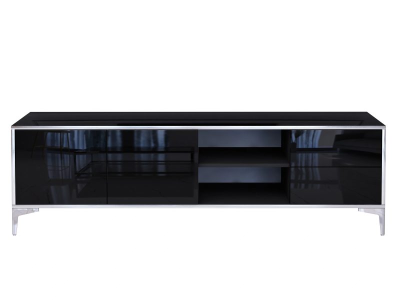 TV-Lowboard Monako 180cm Schwarz Hochglanz mit geöffnetem Fach und sichtbaren Ablagen