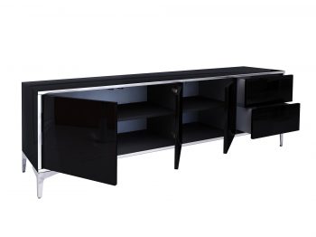 Geöffnete Türen und Schubladen des TV-Lowboards Monako 180cm Schwarz Hochglanz mit Stauraum