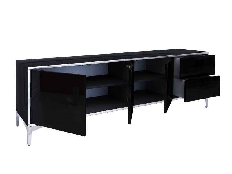 Geöffnete Türen und Schubladen des TV-Lowboards Monako 180cm Schwarz Hochglanz mit Stauraum