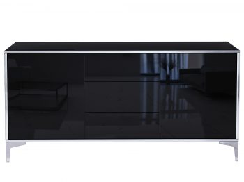 Frontansicht der geschlossenen Kommode Monako 154cm Schwarz Hochglanz mit Schubladen und Türen