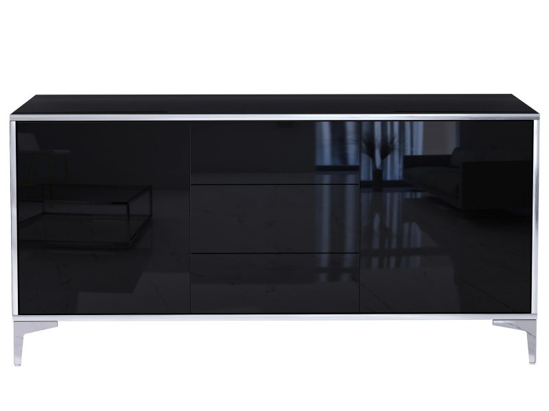 Frontansicht der geschlossenen Kommode Monako 154cm Schwarz Hochglanz mit Schubladen und Türen