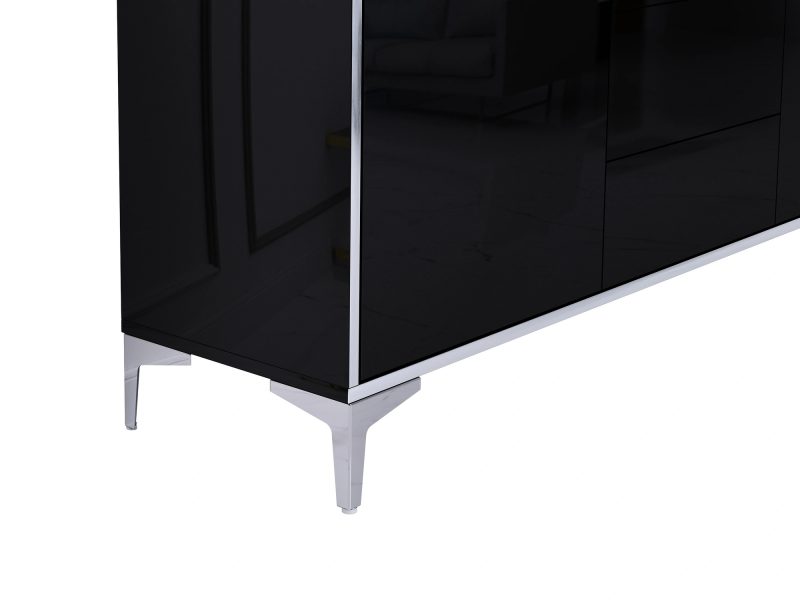 Detailaufnahme der silbernen Beine der Kommode Monako 154cm Schwarz Hochglanz