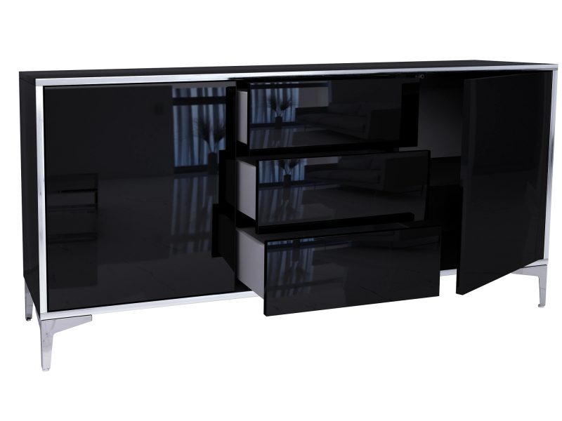 Geöffnete Schubladen und Türen der Kommode Monako 154cm Schwarz Hochglanz mit Stauraum