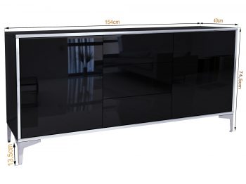 Kommode Monako 154cm Schwarz Hochglanz mit Maßangaben Breite 154cm, Höhe 74,5cm, Tiefe 40cm