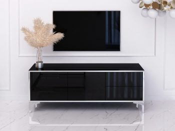 TV-Lowboard Monako 136cm Schwarz Hochglanz mit silbernen Akzenten