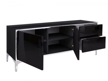 Geöffnete Türen und Schubladen des TV-Lowboards Monako 136cm Schwarz Hochglanz mit Stauraum