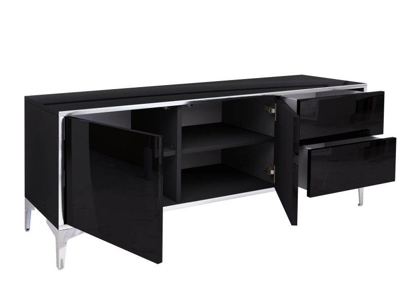 Geöffnete Türen und Schubladen des TV-Lowboards Monako 136cm Schwarz Hochglanz mit Stauraum