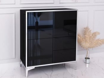 Seitenansicht der Kommode Monako 80cm Schwarz Hochglanz mit silbernen Details