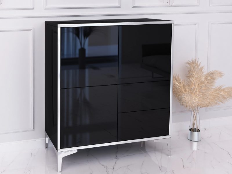 Seitenansicht der Kommode Monako 80cm Schwarz Hochglanz mit silbernen Details