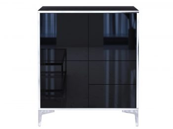 Frontansicht der geschlossenen Kommode Monako 80cm Schwarz Hochglanz mit Türen und Schubladen