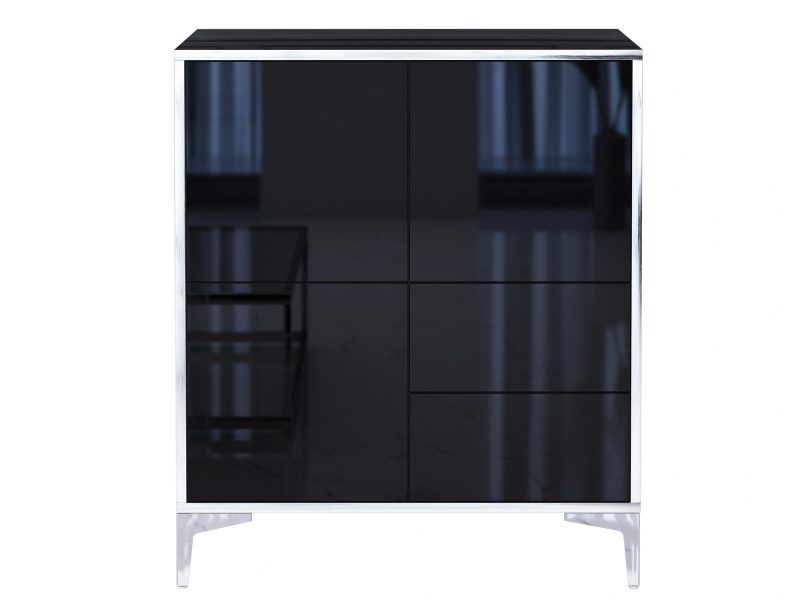 Frontansicht der geschlossenen Kommode Monako 80cm Schwarz Hochglanz mit Türen und Schubladen