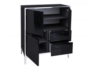 Geöffnete Türen und Schubladen der Kommode Monako 80cm Schwarz Hochglanz mit Stauraum