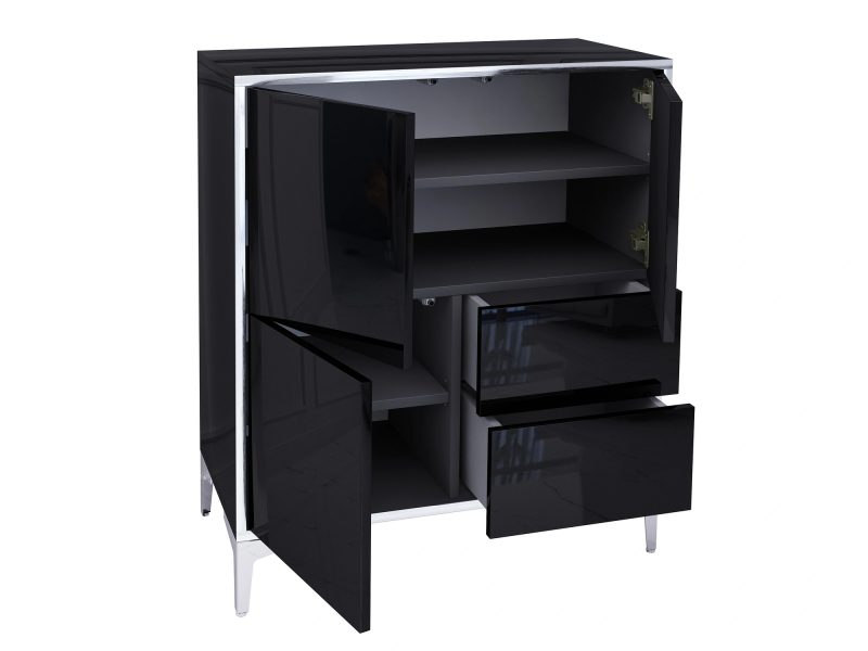 Geöffnete Türen und Schubladen der Kommode Monako 80cm Schwarz Hochglanz mit Stauraum