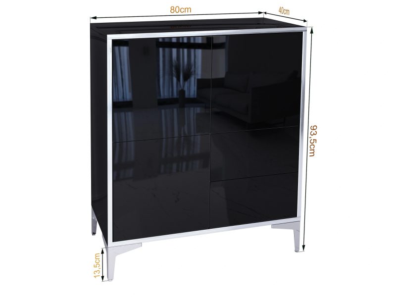 Kommode Monako 80cm Schwarz Hochglanz mit Maßangaben Breite 80cm, Höhe 93,5cm, Tiefe 40cm