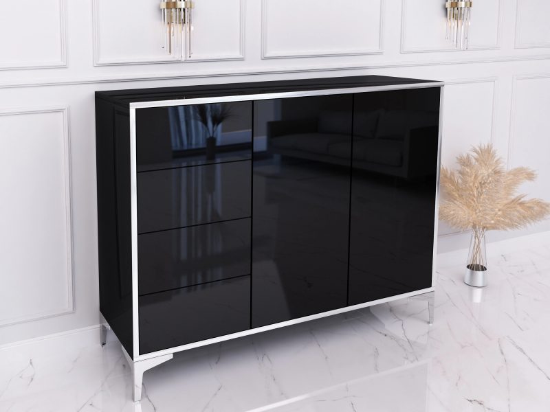 Seitenansicht der Kommode Monako 118cm Schwarz Hochglanz mit silbernen Details