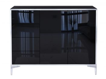 Frontansicht der geschlossenen Kommode Monako 118cm Schwarz Hochglanz mit Türen und Schubladen