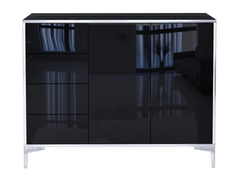 Frontansicht der geschlossenen Kommode Monako 118cm Schwarz Hochglanz mit Türen und Schubladen