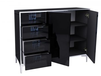 Geöffnete Türen und Schubladen der Kommode Monako 118cm Schwarz Hochglanz mit Stauraum