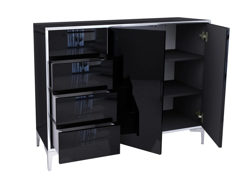 Geöffnete Türen und Schubladen der Kommode Monako 118cm Schwarz Hochglanz mit Stauraum