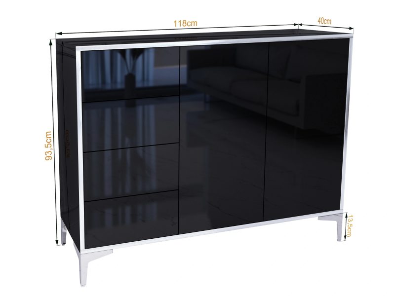 Kommode Monako 118cm Schwarz Hochglanz mit Maßangaben Breite 118cm, Höhe 93,5cm, Tiefe 40cm