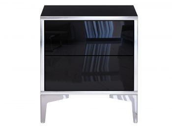 Nachttisch Monako Schwarz Hochglanz, beide Push-to-Open Schubladen geöffnet, silberne Rahmen